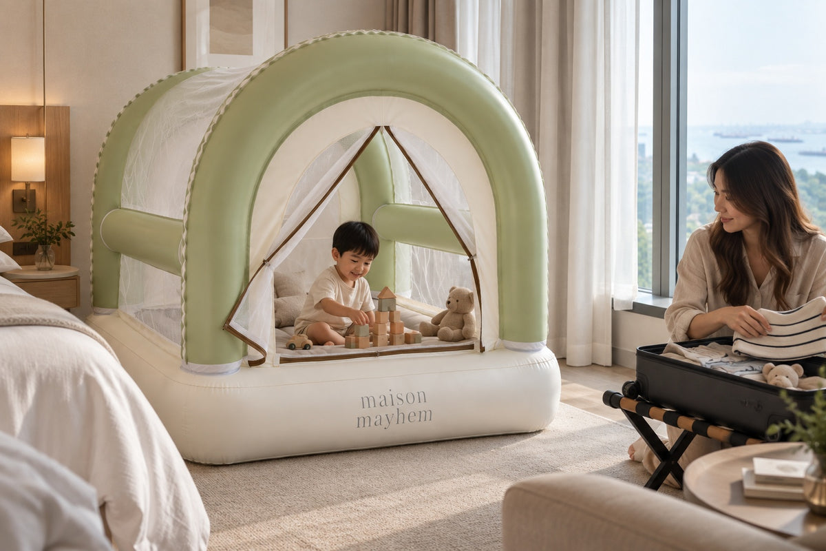 The Arc set up in a hotel room while travelling, design render