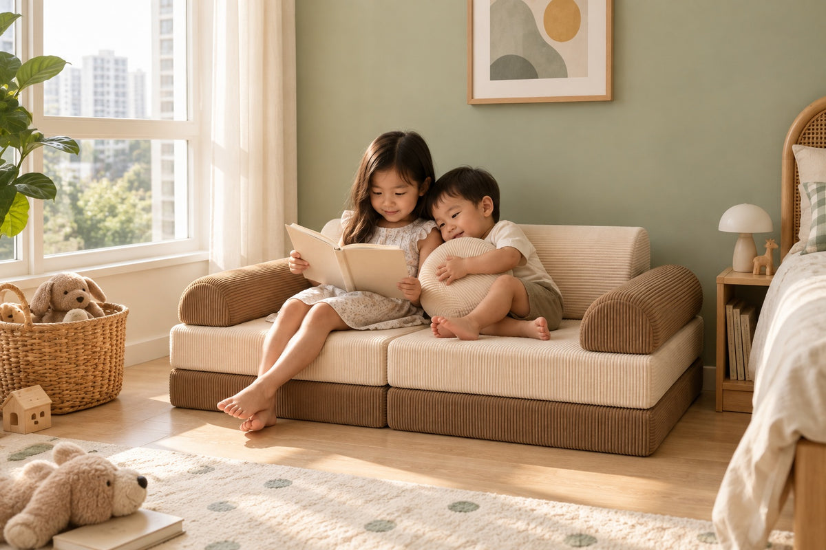 Two siblings playing on Loaf in a sunny kids' room, design render