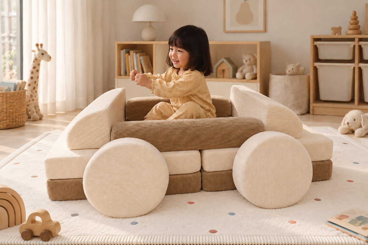 A child at the wheel of a car built from Loaf pieces, with the round cushions as wheels