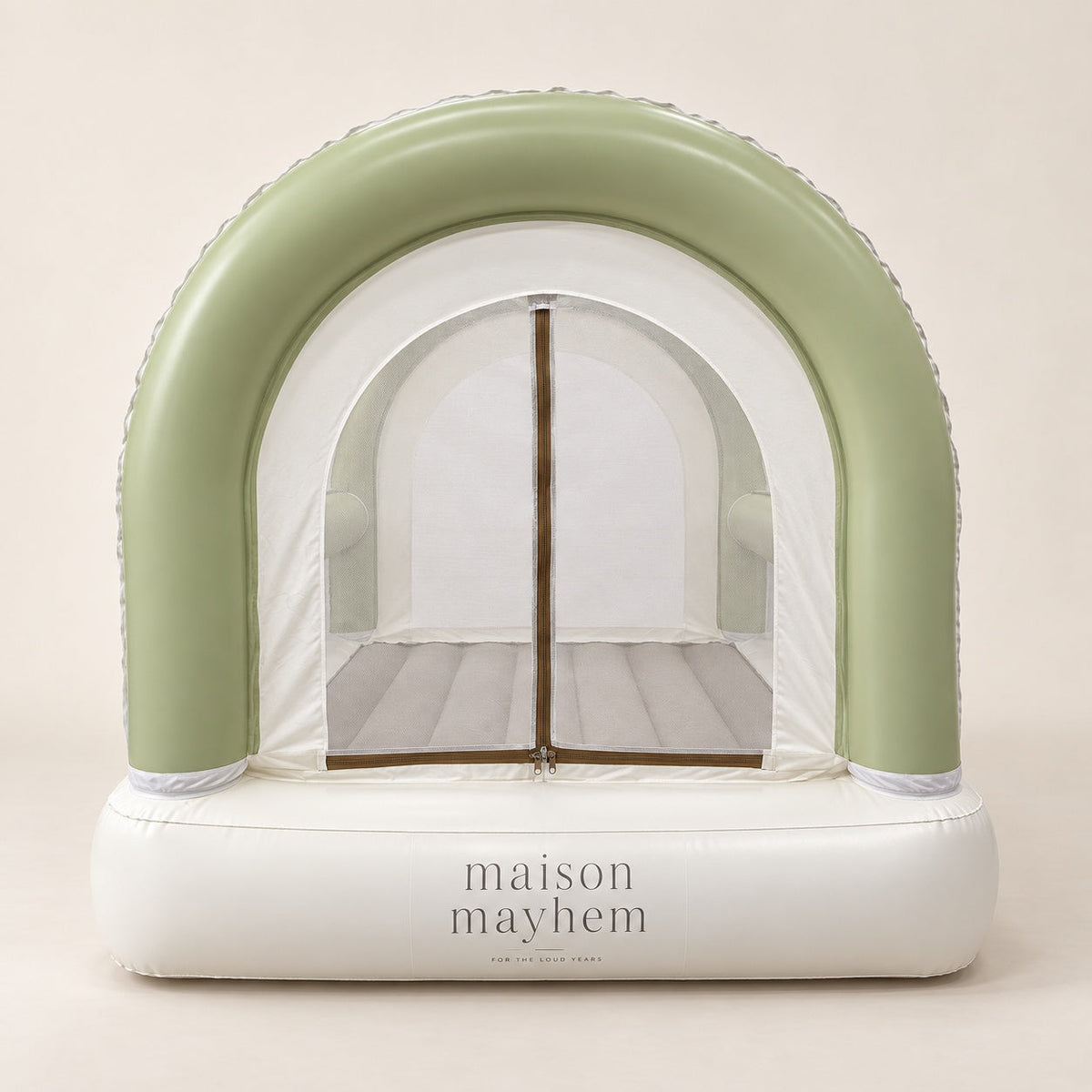 The Arc from the front: sage arch, off-white base and the mesh door with its brown double slider zip