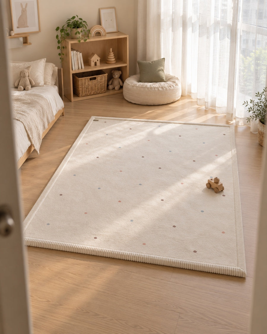 Tumble No. 02 Confetti baby play mat with a wooden toy car in a bright kids bedroom