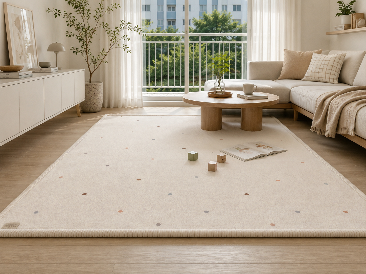Confetti playmat on a balcony beside a sofa, afternoon light across the dots