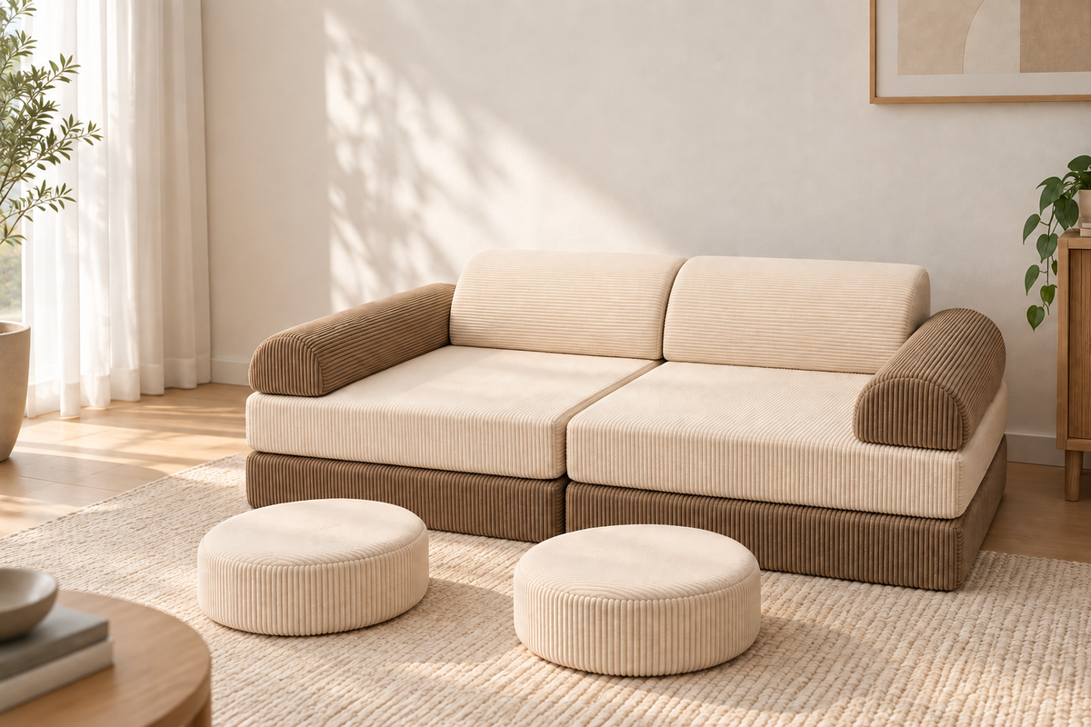 Stack No. 01 Loaf play sofa in Cream and Sand corduroy in a sunlit living room