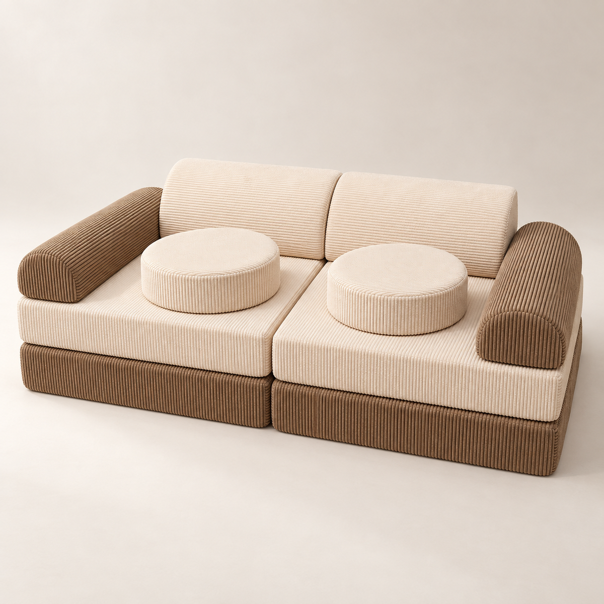 Close up of the wide-wale corduroy on a Sand armrest, Cream seat and round Cream cushion
