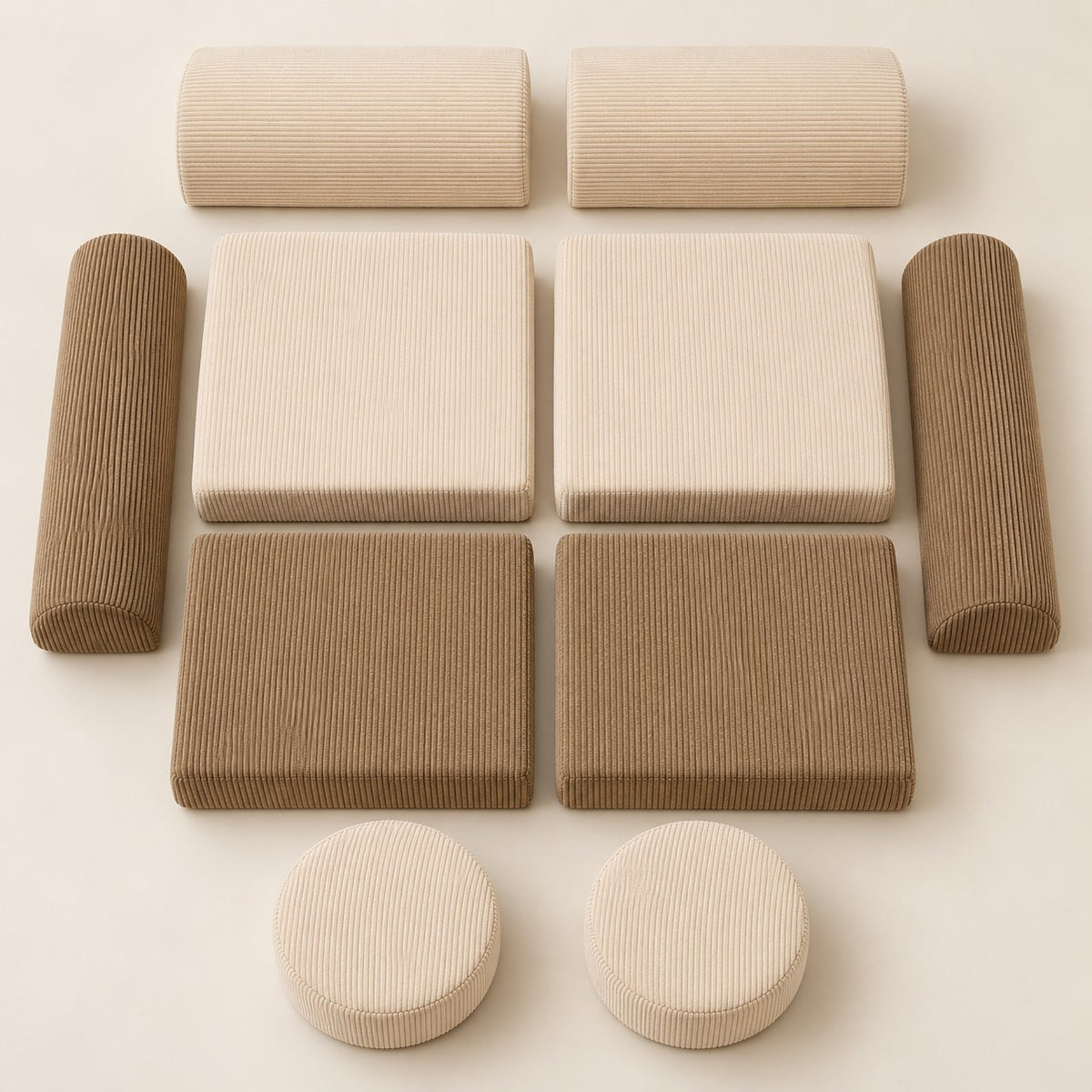 All ten Loaf pieces laid out from above: four square bases, two backrests, two armrests and two round cushions