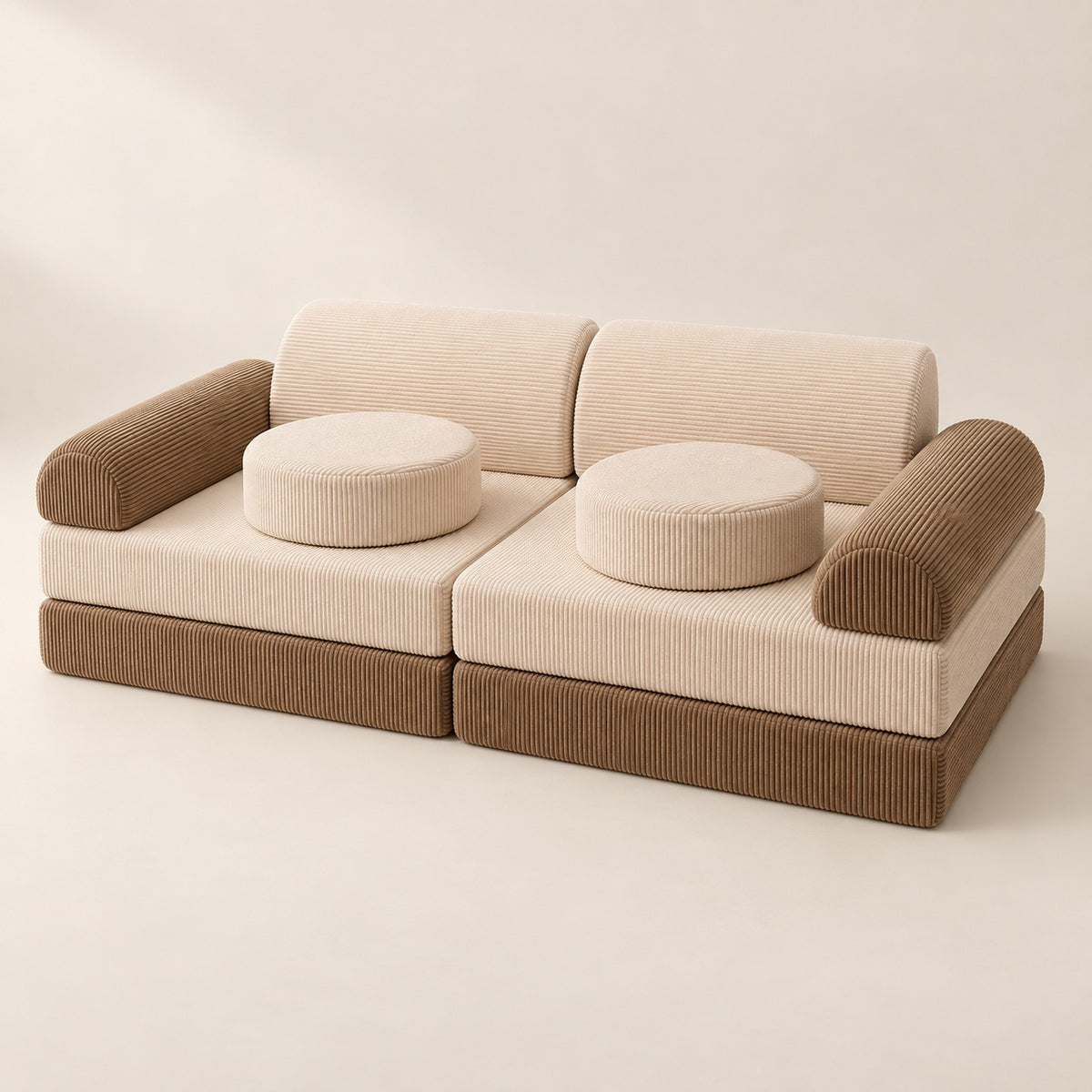 Loaf as a two seat sofa from a three quarter angle, all ten pieces in place