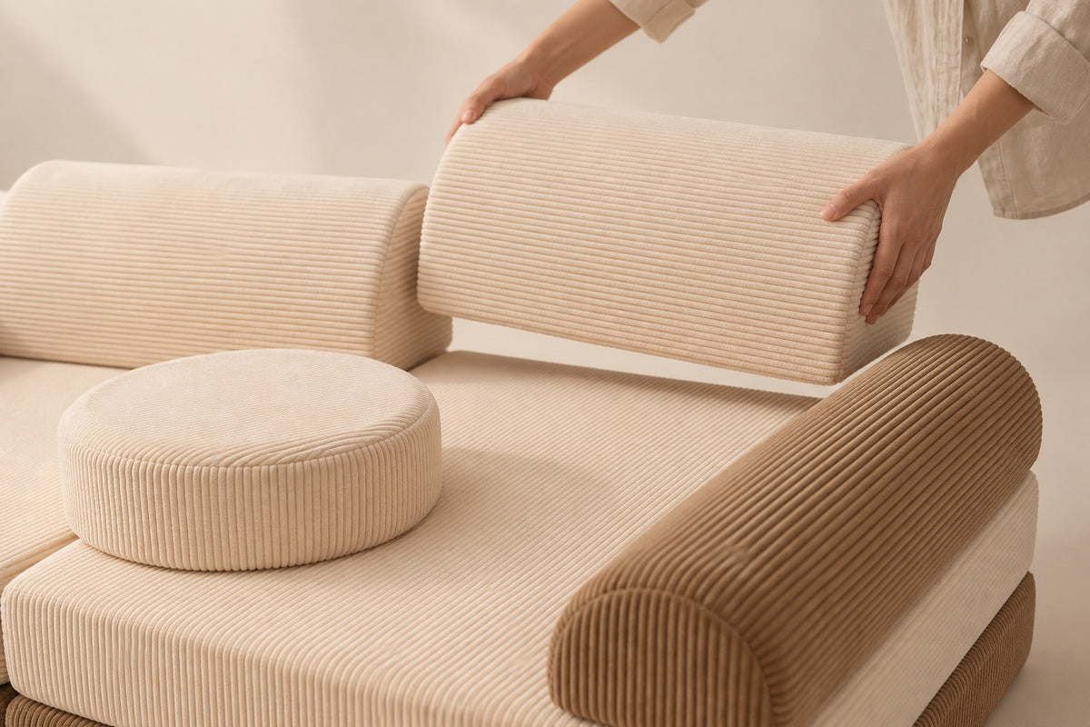 Hands placing a Loaf backrest, design render