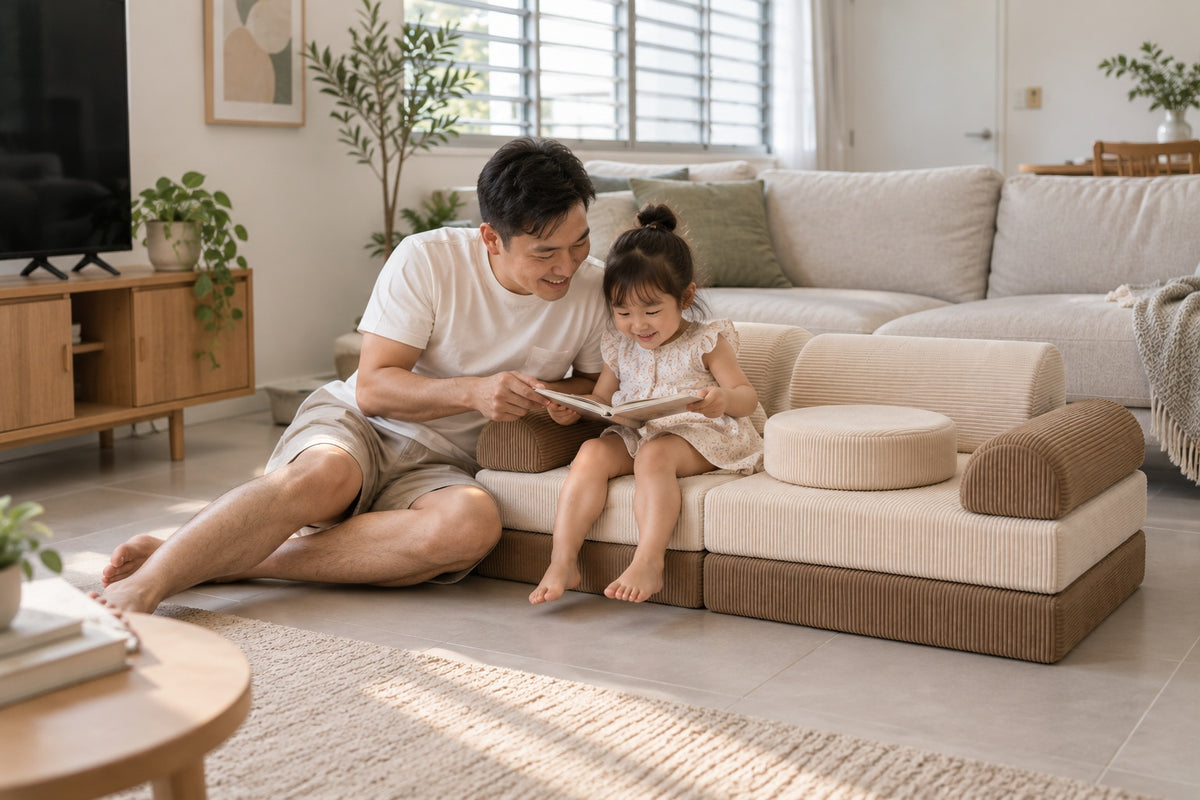A parent and child on Loaf in an HDB living room, design render