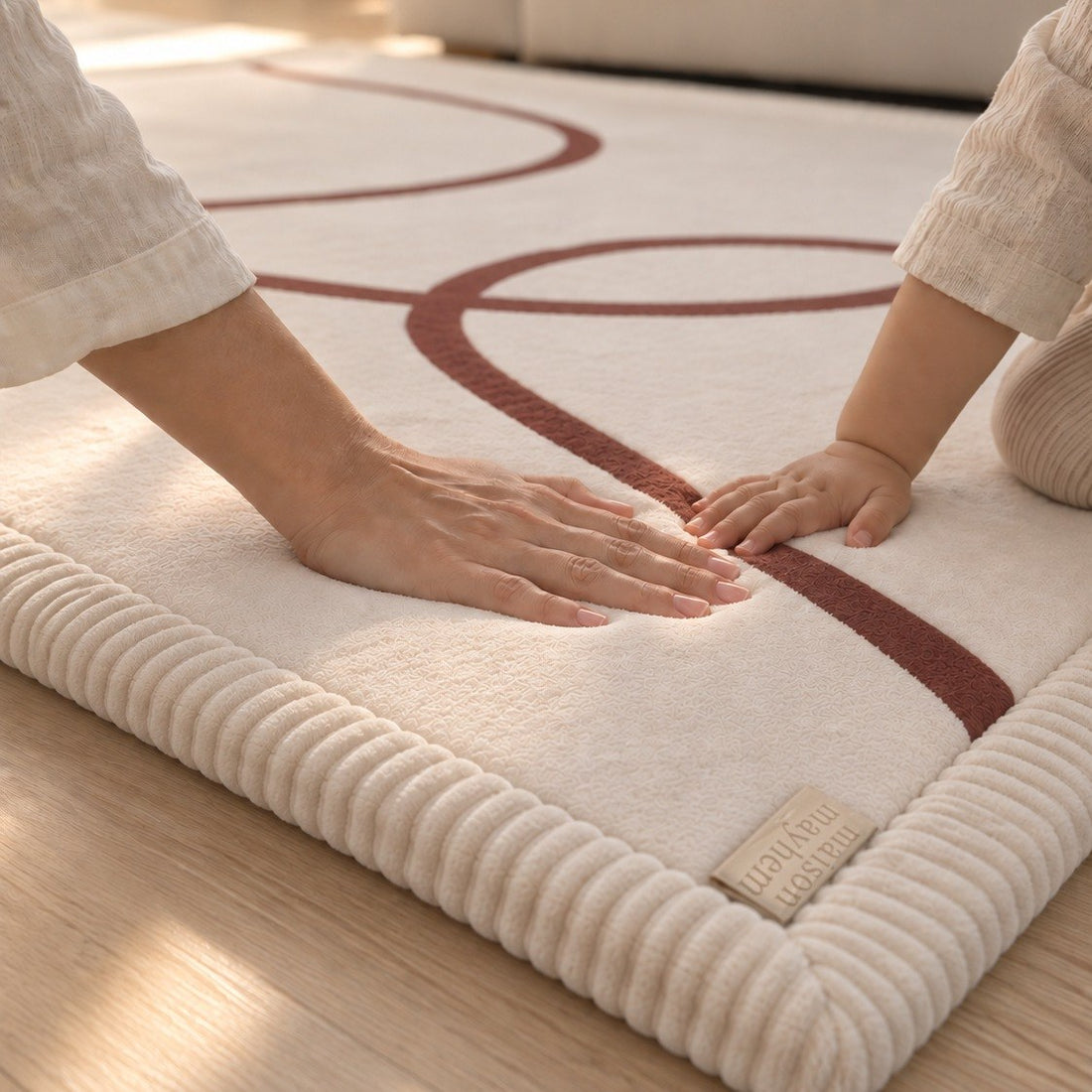 A parent's hand and a baby's hand pressing into the Scribble play mat beside its corduroy border and woven label